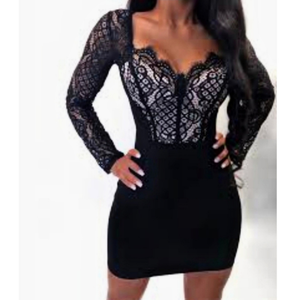 Black & Nude Lace Long Sleeve Bustier Dress